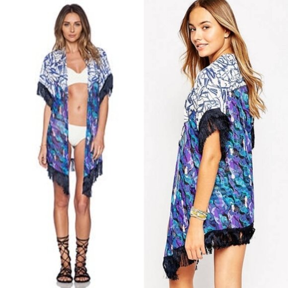 Maaji $112 Bleu Saddles Equestrian Print Fringe Kimono Cover-up - Picture 1 of 16